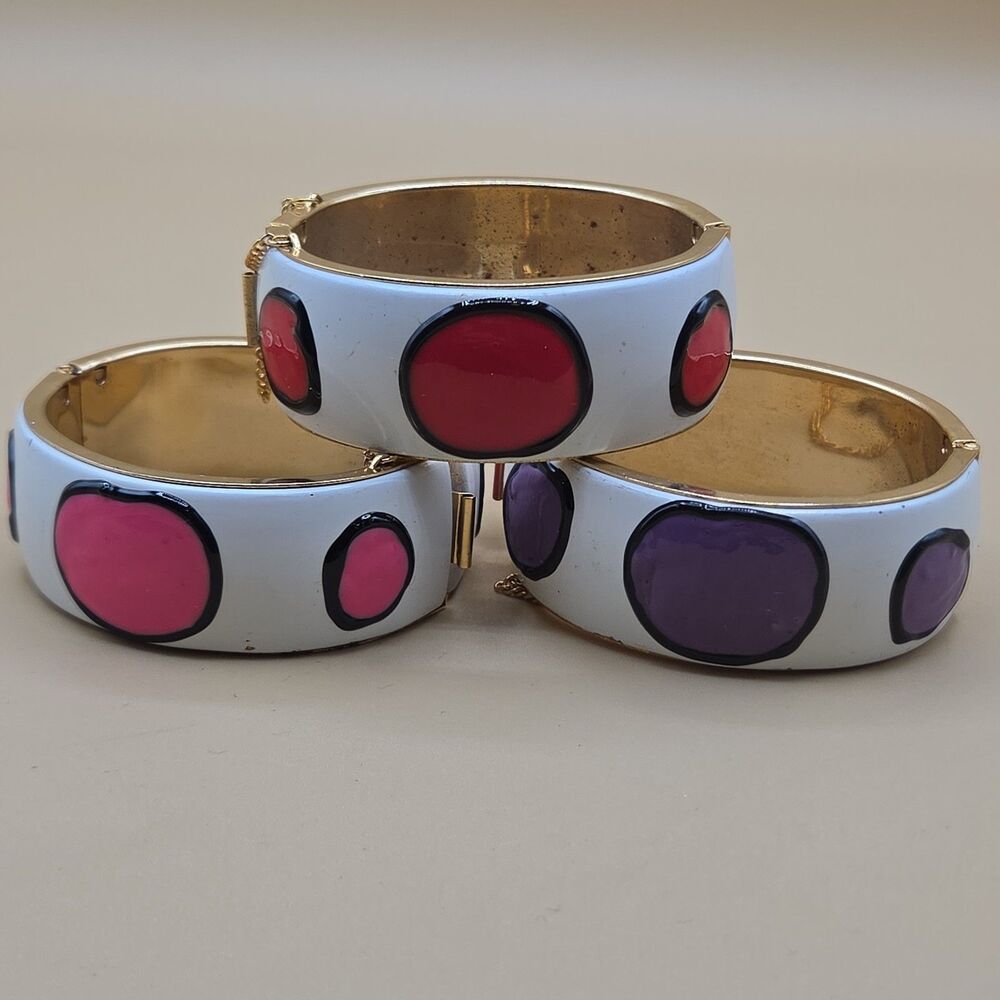3 Enamel Clamper Bracelets Bangles Red Pink Purple Dot Design 80's Chunky Hinged
